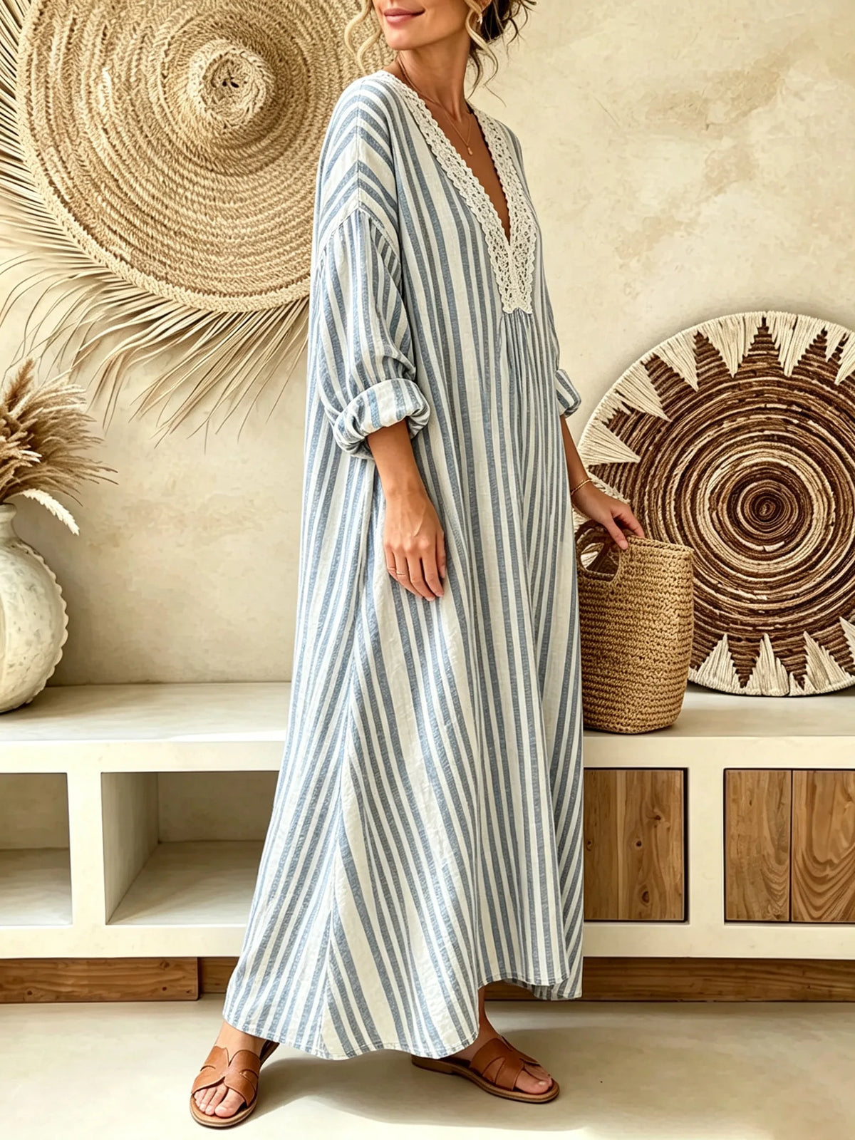 Women’s Blue White Vertical Stripe Hollow Lace Spliced V-Neck Loose Cotton Linen Maxi Dress