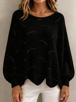 Women Hollow‑Out Wave Knit Sweater Loose Lantern Long Sleeve Casual Pullover Top
