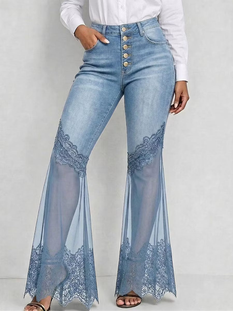 Women High Waist Button Fly Lace Mesh Spliced Flare Jeans