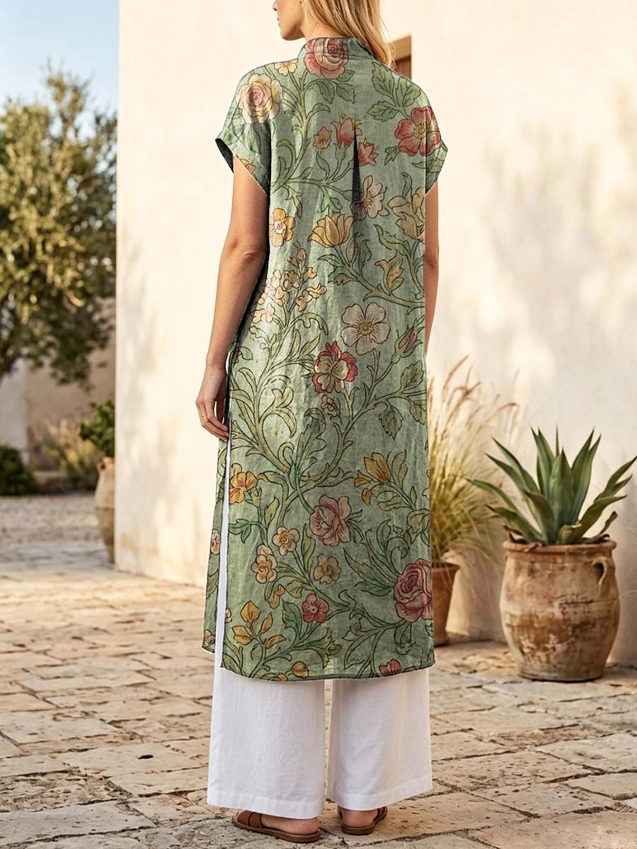 Retro Floral Pattern Art Print Casual Side Slits Stylish Cotton Linen Shirt