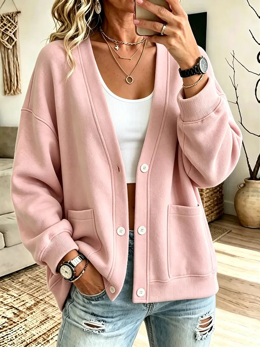 Women's Solid Color Casual Long-sleeve Button-up Cardigan Sweatshirt
