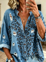 Women's Distressed Leopard Print Loose Denim Shirt