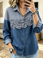Women Denim Gingham Spliced 3D Ruffle Floral Button‑Down Shirt