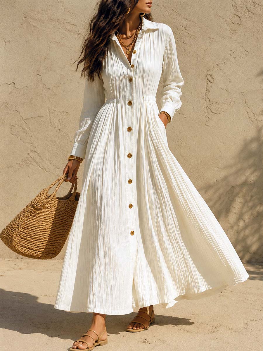 Retro Elegant Lapel Art Button Casual Long Sleeve Stylish Long Dress