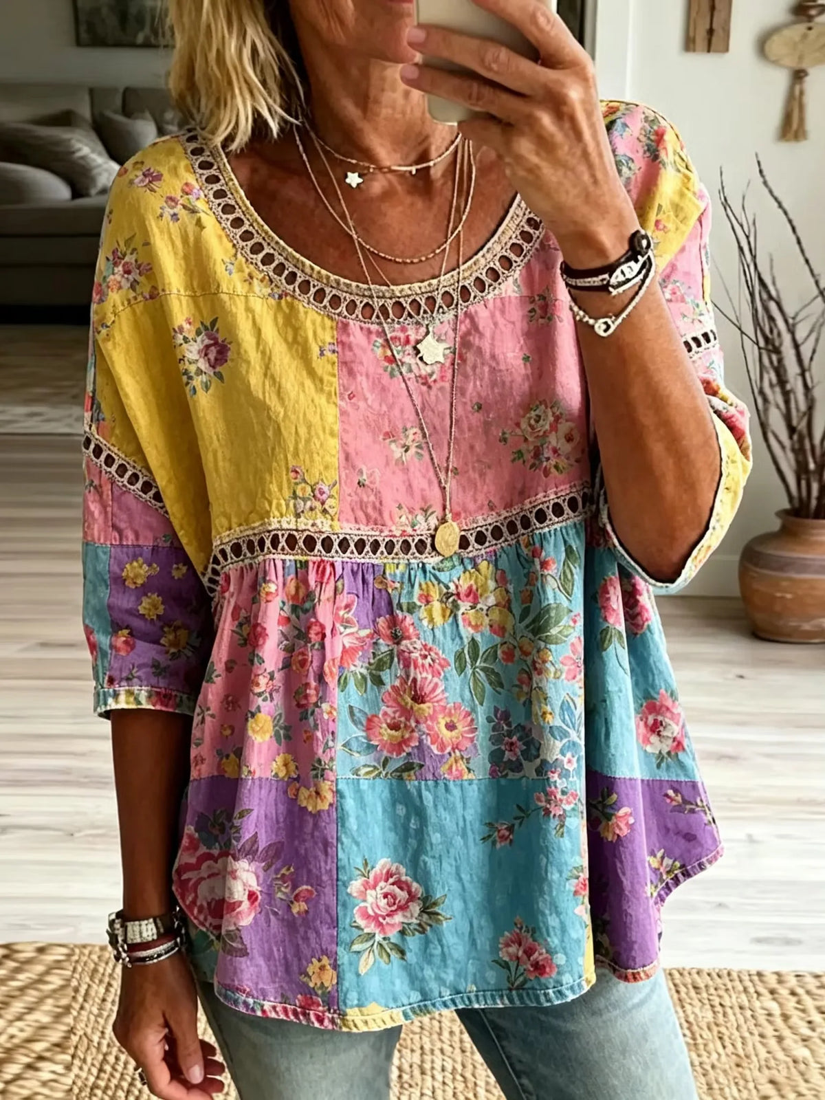 Women Color Block Floral Hollow Lace Print Babydoll Blouse