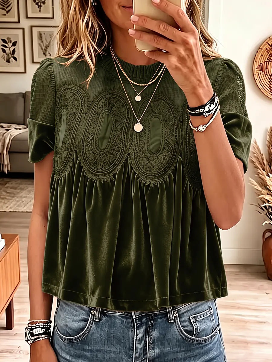Vintage Elegant Velvet Patchwork Lace Shirt