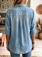 Women's Ruffle Trim Eyelet Denim Shirt