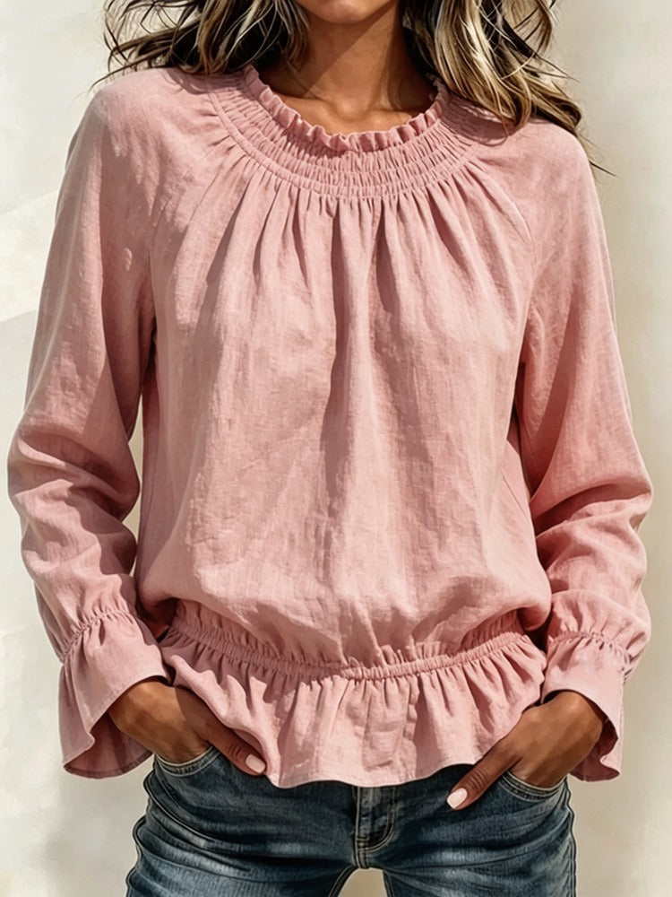 Women's Smocked Neck Ruffle Hem Blouse