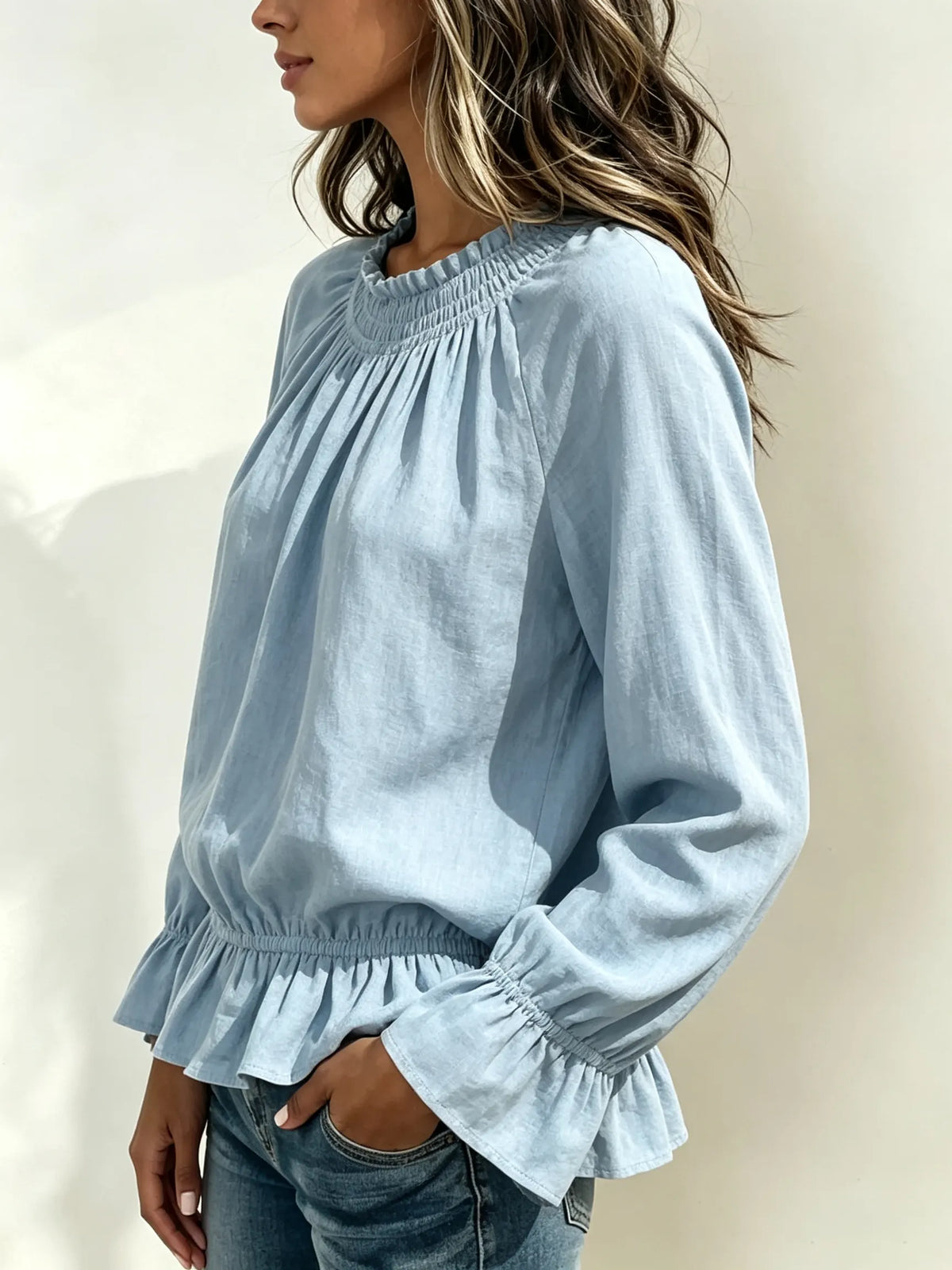 Women's Smocked Neck Ruffle Hem Blouse