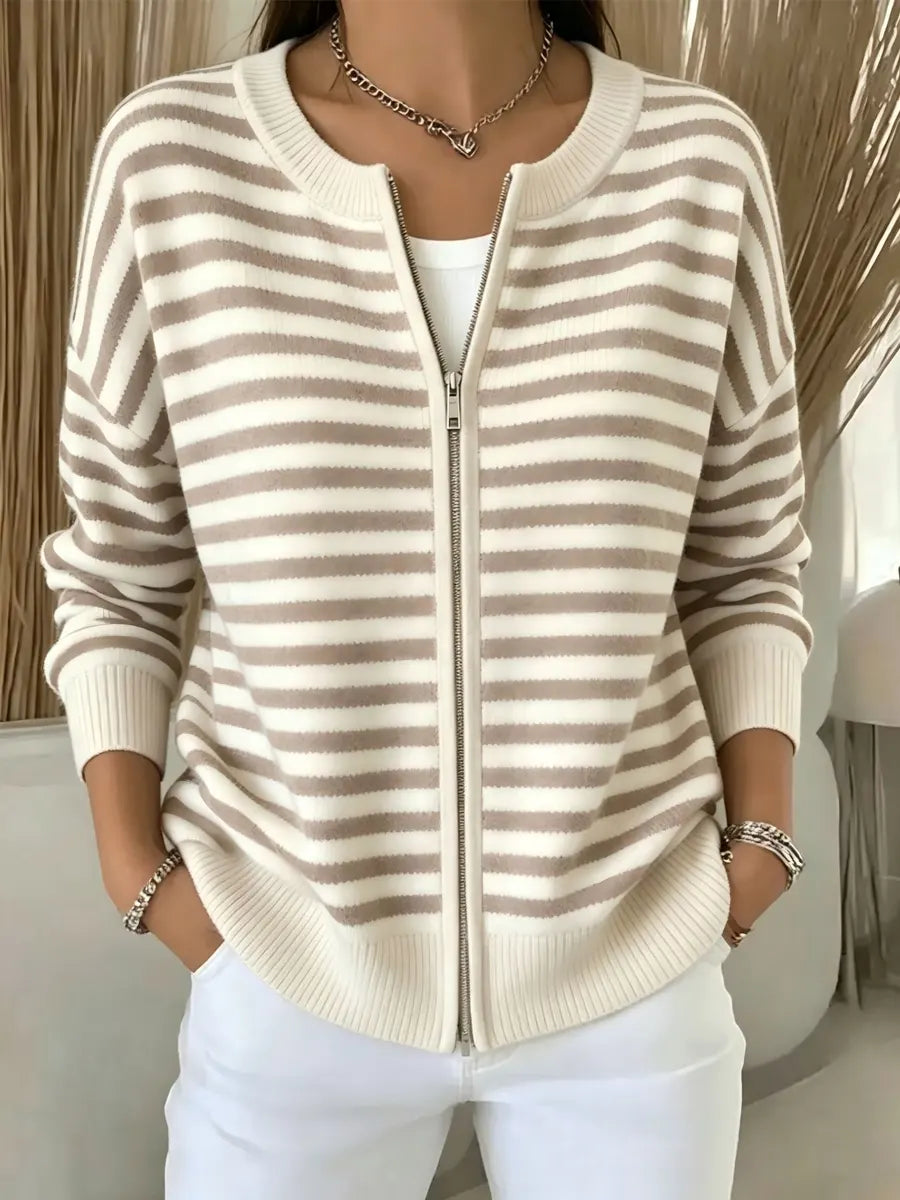 Classic Stripe Pattern Zip Long Sleeve Casual Stylish Knitted Cardigan Coat
