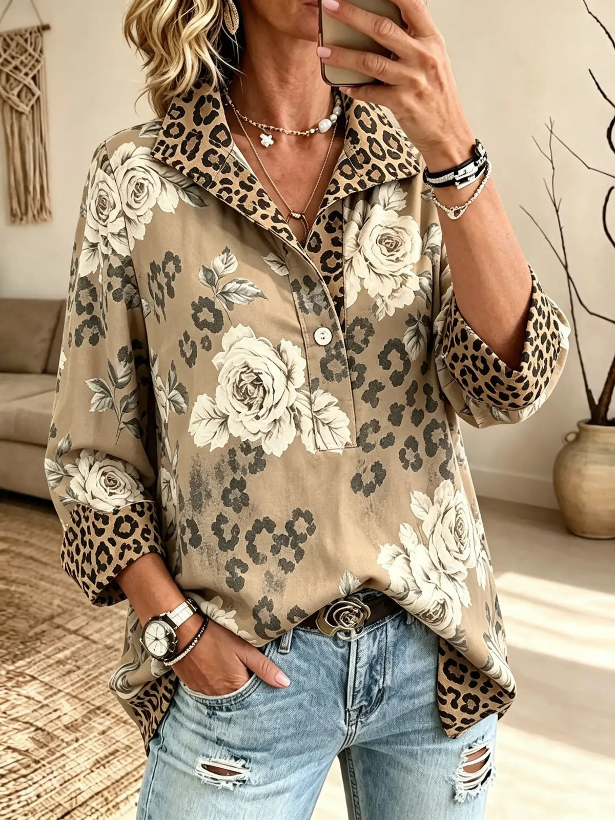 Women's Leopard Floral Pullover Blouse