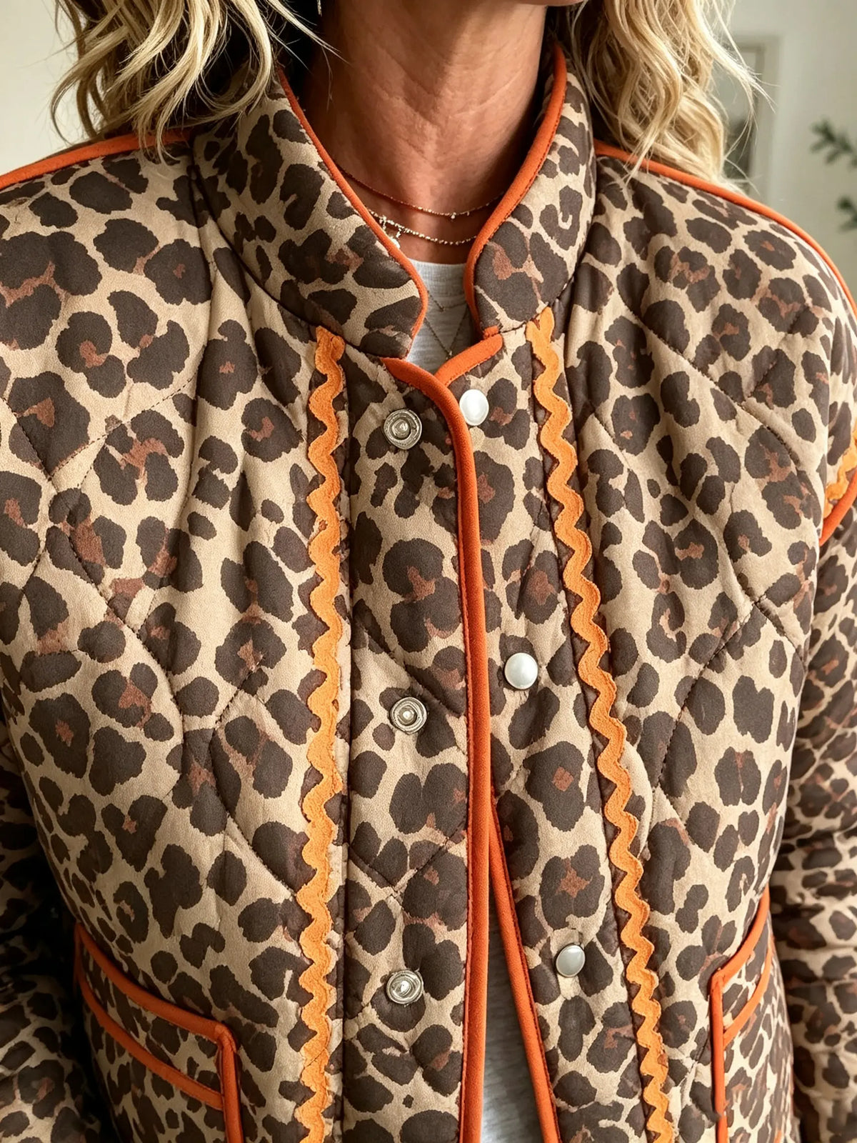 Women's Quilted Leopard Jacket with Ric-Rac Trim
