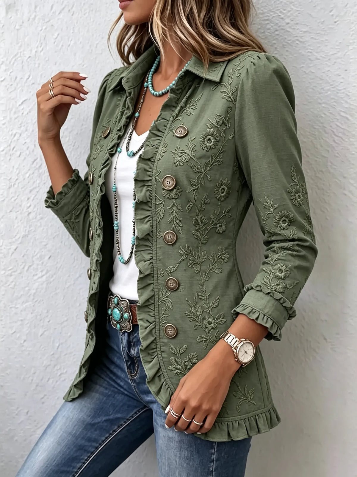 Women Botanical Floral Texture Ruffled Collared Jacket
