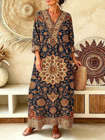 Retro Ethnic Floral Pattern Art Print Casual V-neck Cotton Linen Maxi Dress