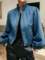 Women Cropped Denim Jacket Puff Sleeve Zip‑Up Stand Collar Casual Outerwear