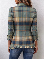 Retro Plaid Pattern Art Print Ruffle Casual Stylish Cotton Lapel Coat