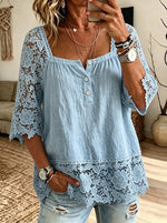Womens Square Neck Floral Lace Raglan 3/4 Sleeve Henley Blouse