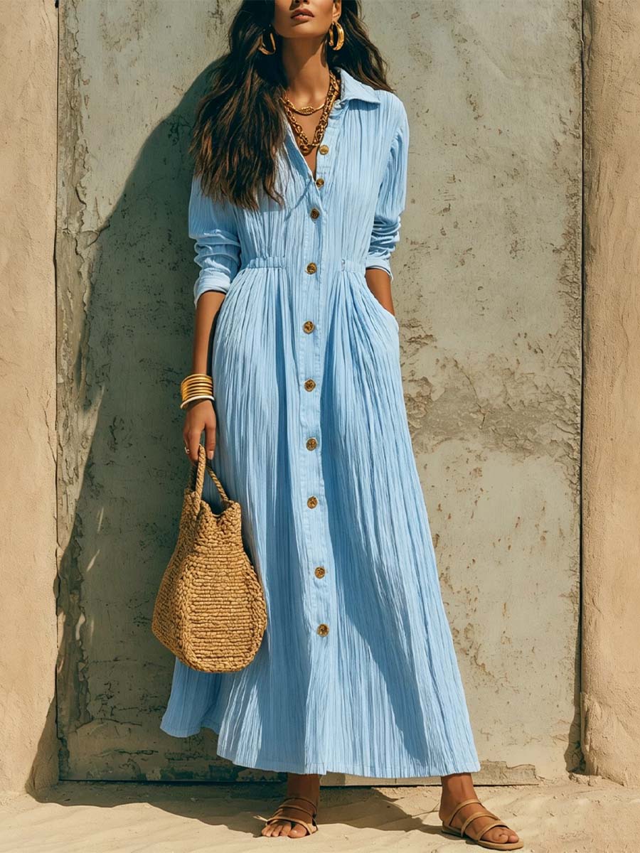 Retro Elegant Lapel Art Button Casual Long Sleeve Stylish Long Dress