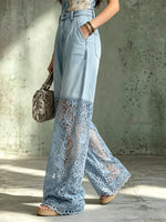 Women's Sheer Floral Lace Wide-Leg Denim Pants