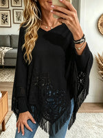 Women's Crochet Lace Cutout Fringe Knit Poncho