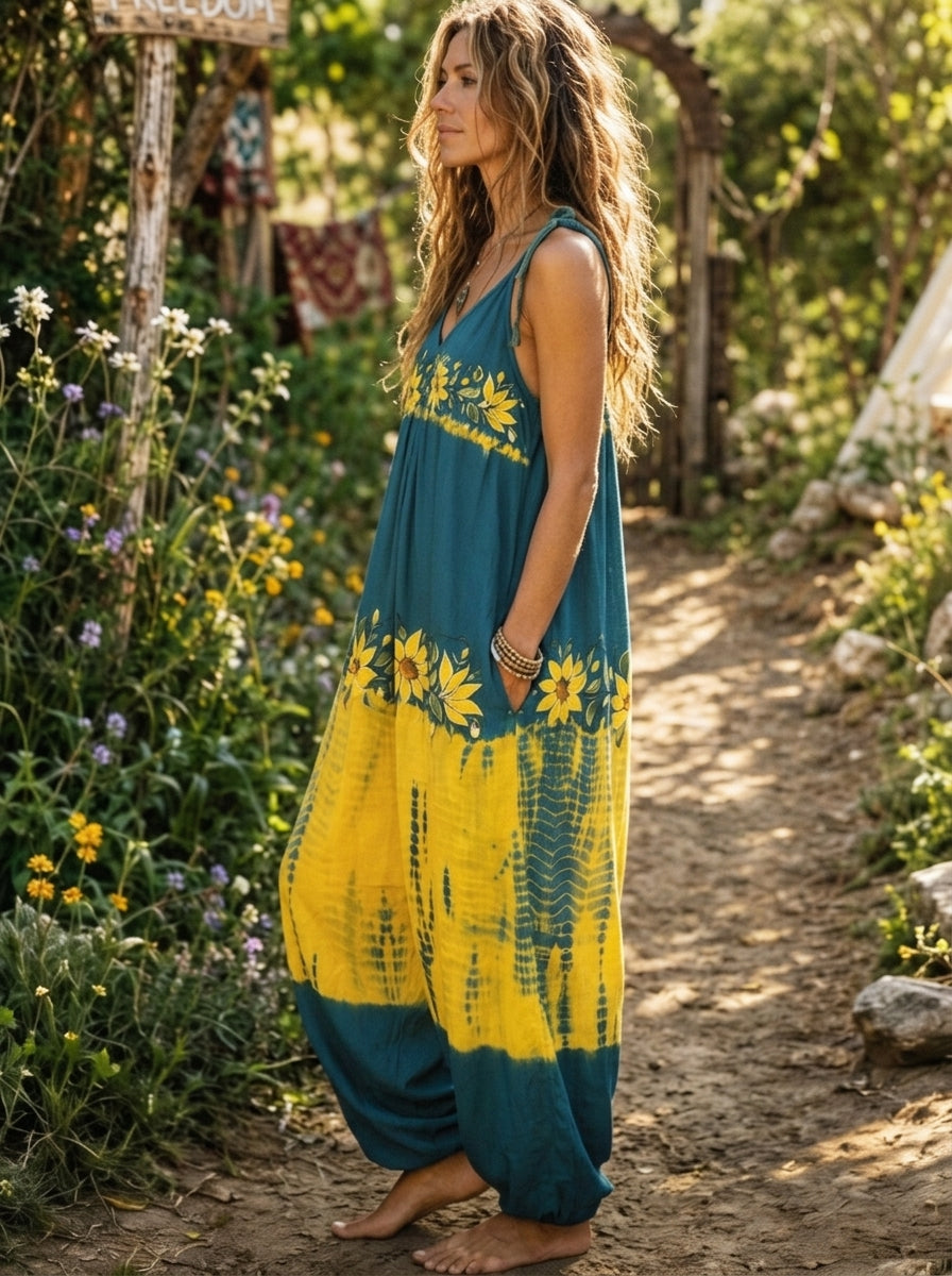 Women’s Sunflower Print Tie Dye Spaghetti Strap Boho Harem Jumpsuit With Pockets