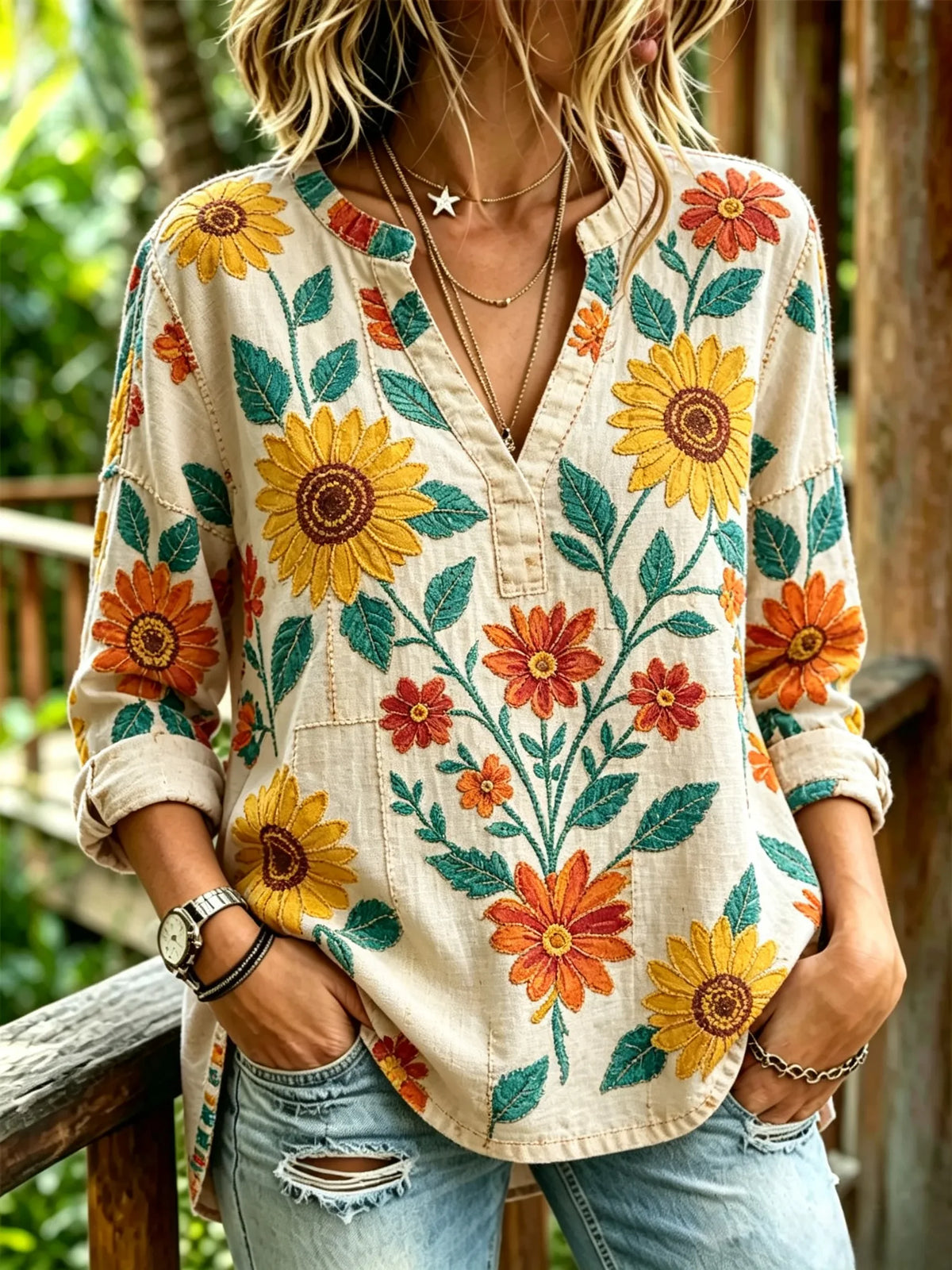 Women's Sunflower Floral Print V Neck 3/4 Sleeve Blouse