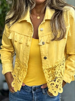 Retro Lace Hollow Patchwork Long Sleeve Casual Lapel Stylish Denim Jacket