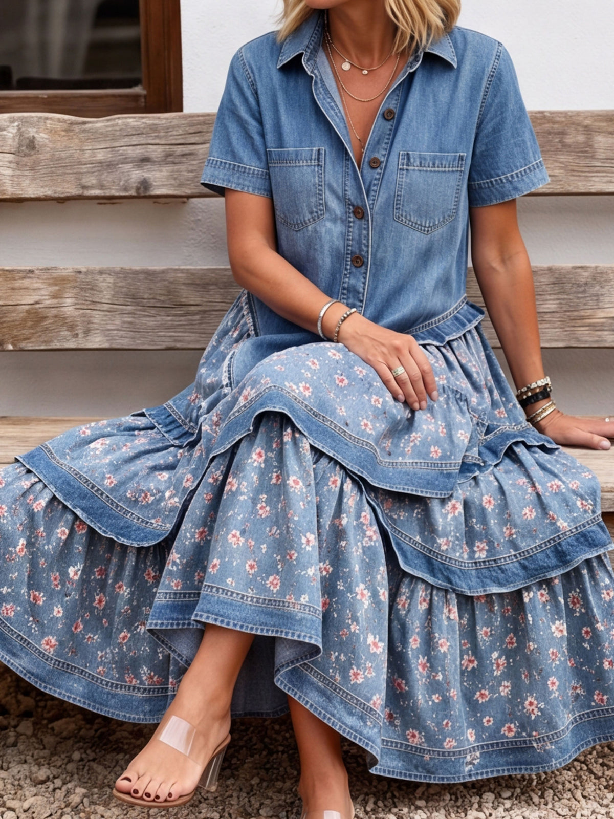 Women's Denim Leopard Patchwork Asymmetrical Tiered Maxi Dress With Pockets