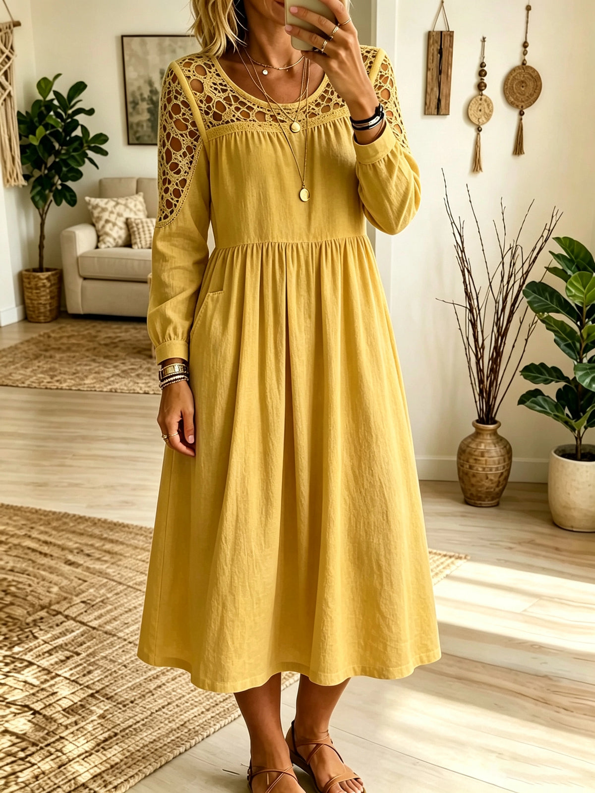 Women's Crochet Cutout Yoke Midi Dress