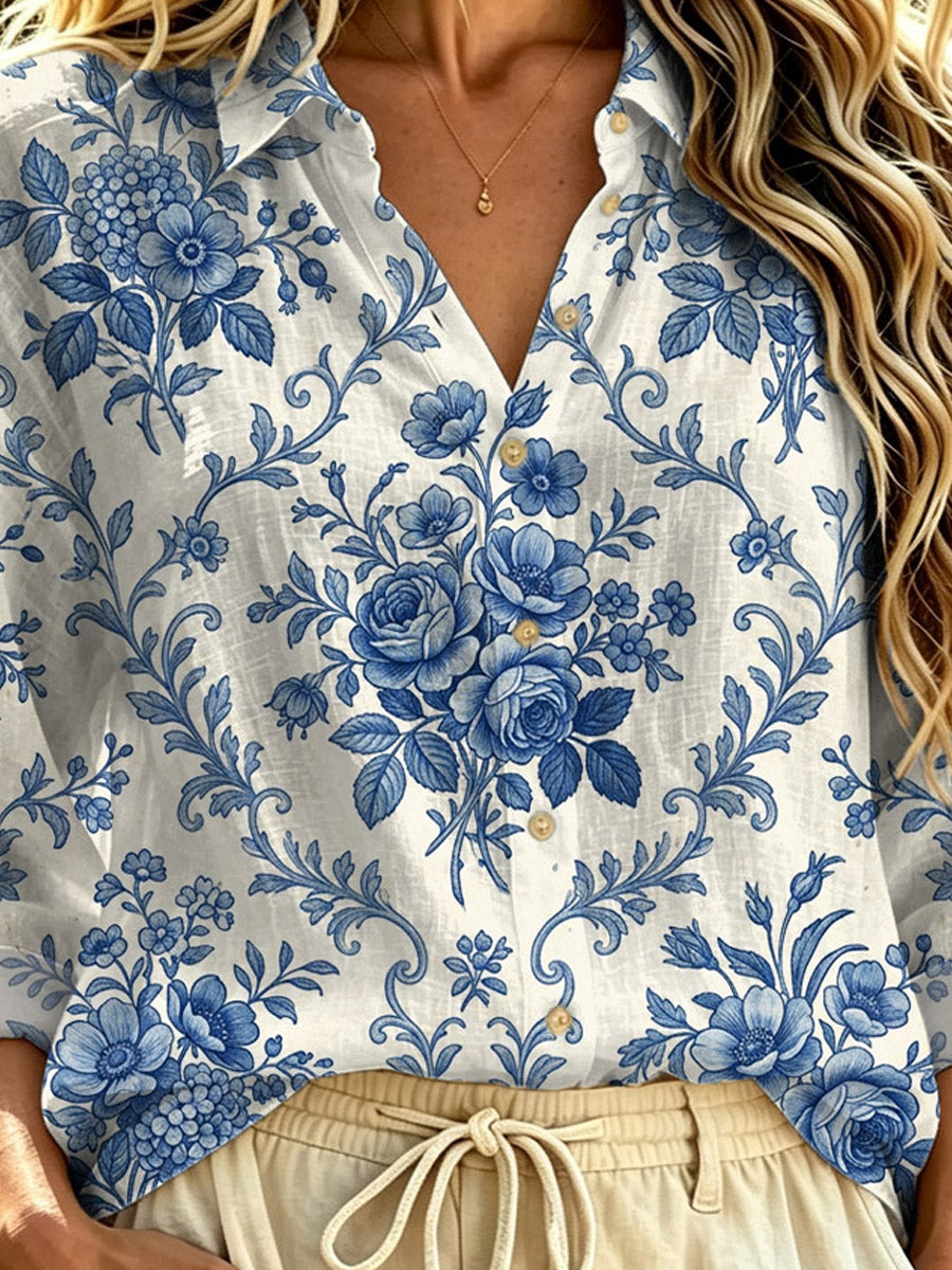 Women's Pink Floral Polka Dot Art Print Casual Long Sleeve Lapel Linen Shirt