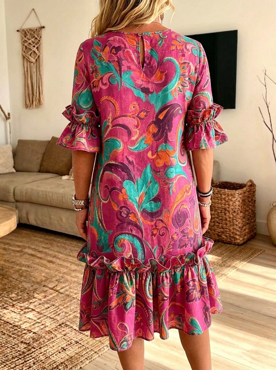 Women Vintage Floral Paisley Ruffle Midi Dress Loose Pocket Casual Summer Dress