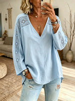 Women Solid Hollow Lace Spliced V-Neck 3/4 Sleeve Linen Blend Top