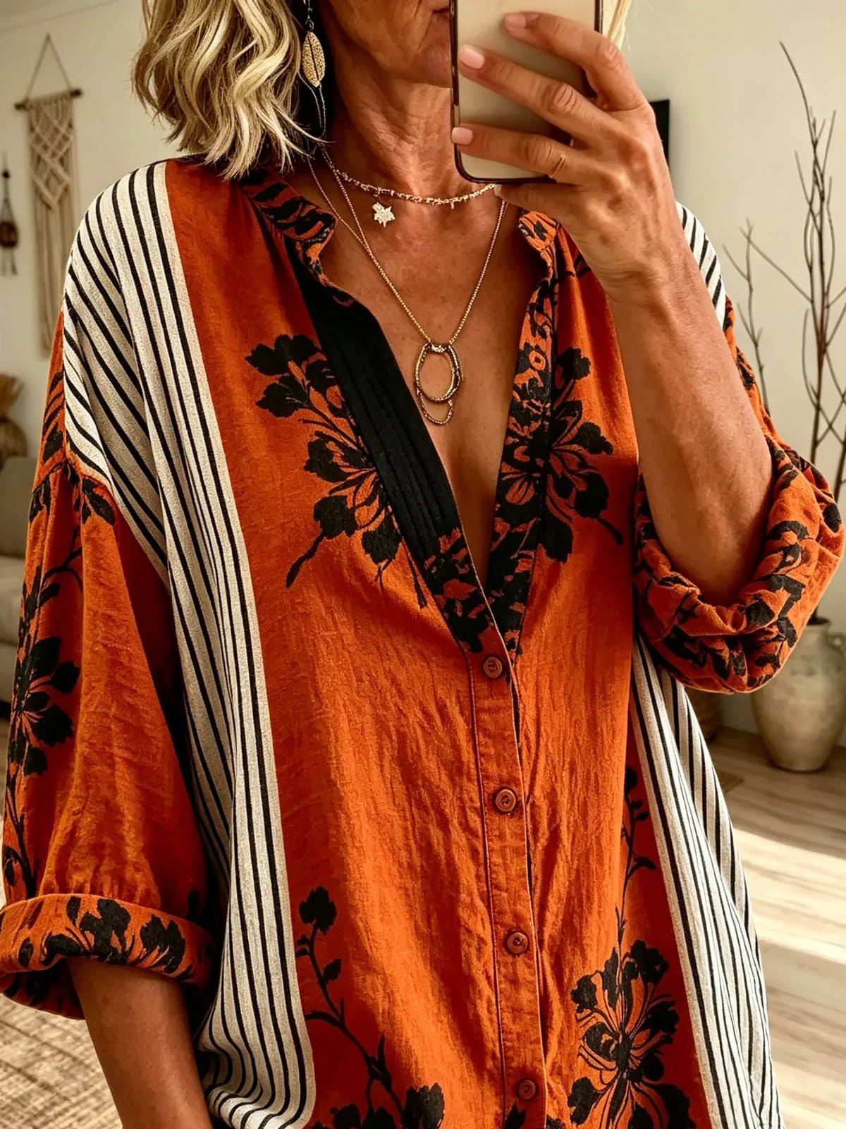 Women Vintage Floral Stripe Lapel Loose Blouse