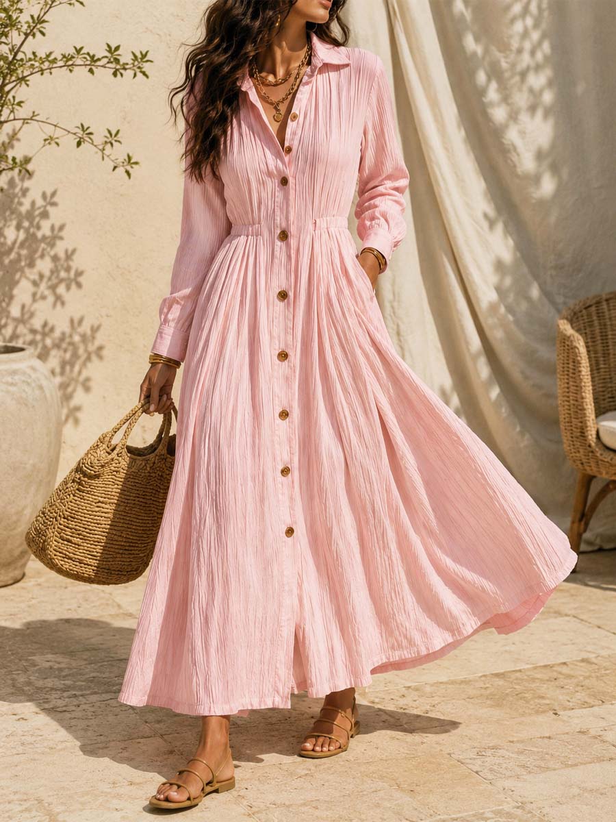 Retro Elegant Lapel Art Button Casual Long Sleeve Stylish Long Dress