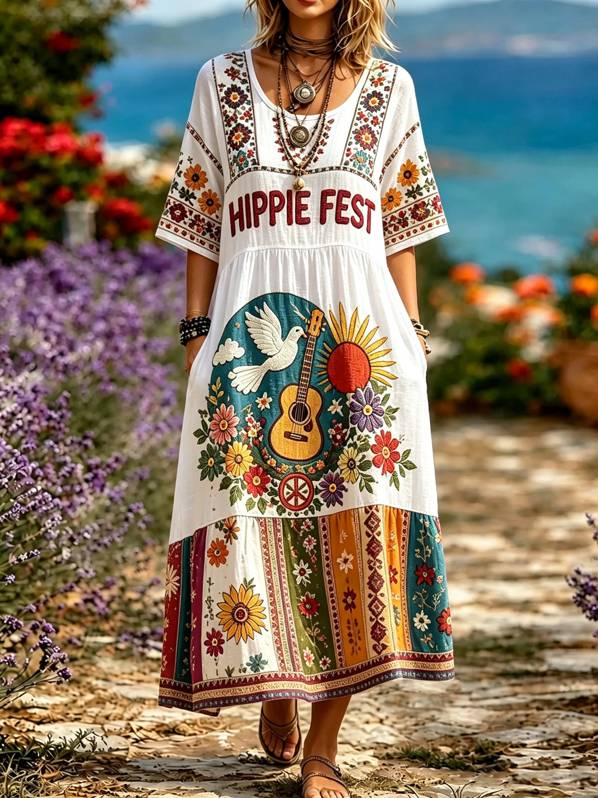 Women's Hippie Fest Guitar Dove Sun Floral Ethnic Print Short Sleeve Tiered Midi Dress