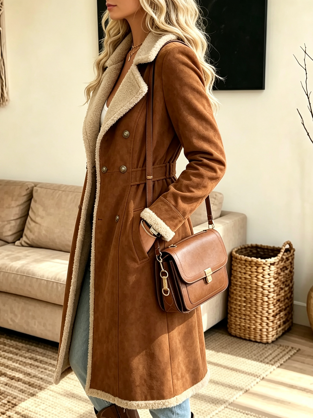Women's Double-Breasted Sherpa Lined Suede Coat
