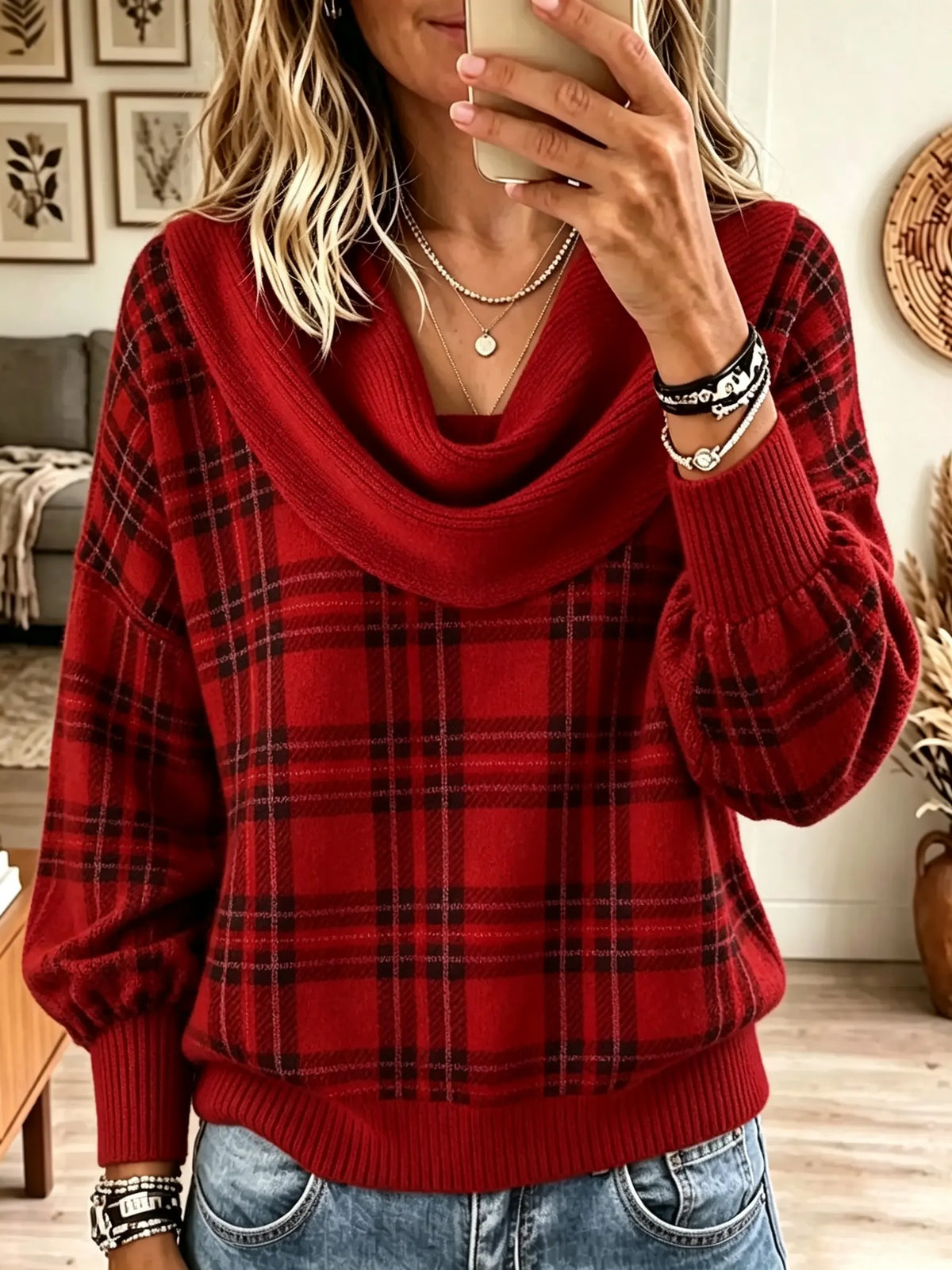 Women's Plaid Cowl Neck Slouchy Knit Sweater