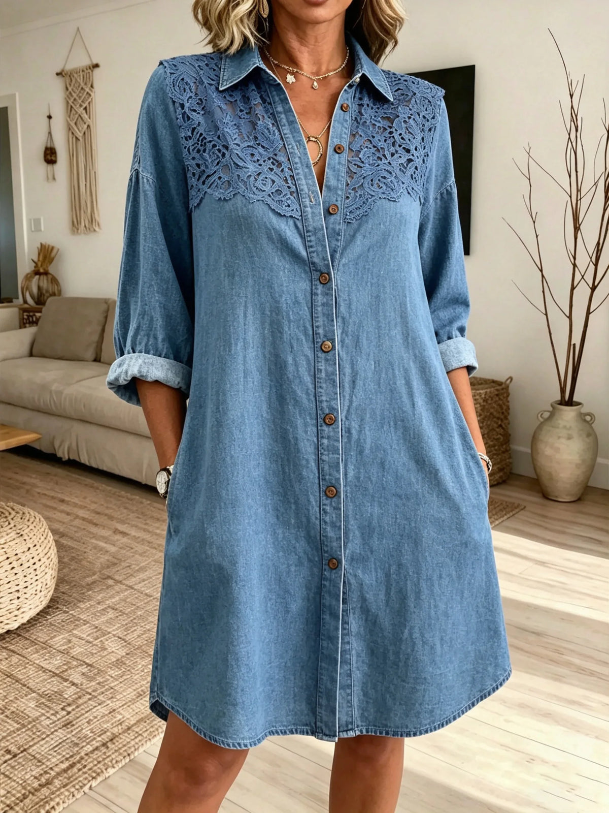 Women's Lace Panel Collared Denim Shirt Dress