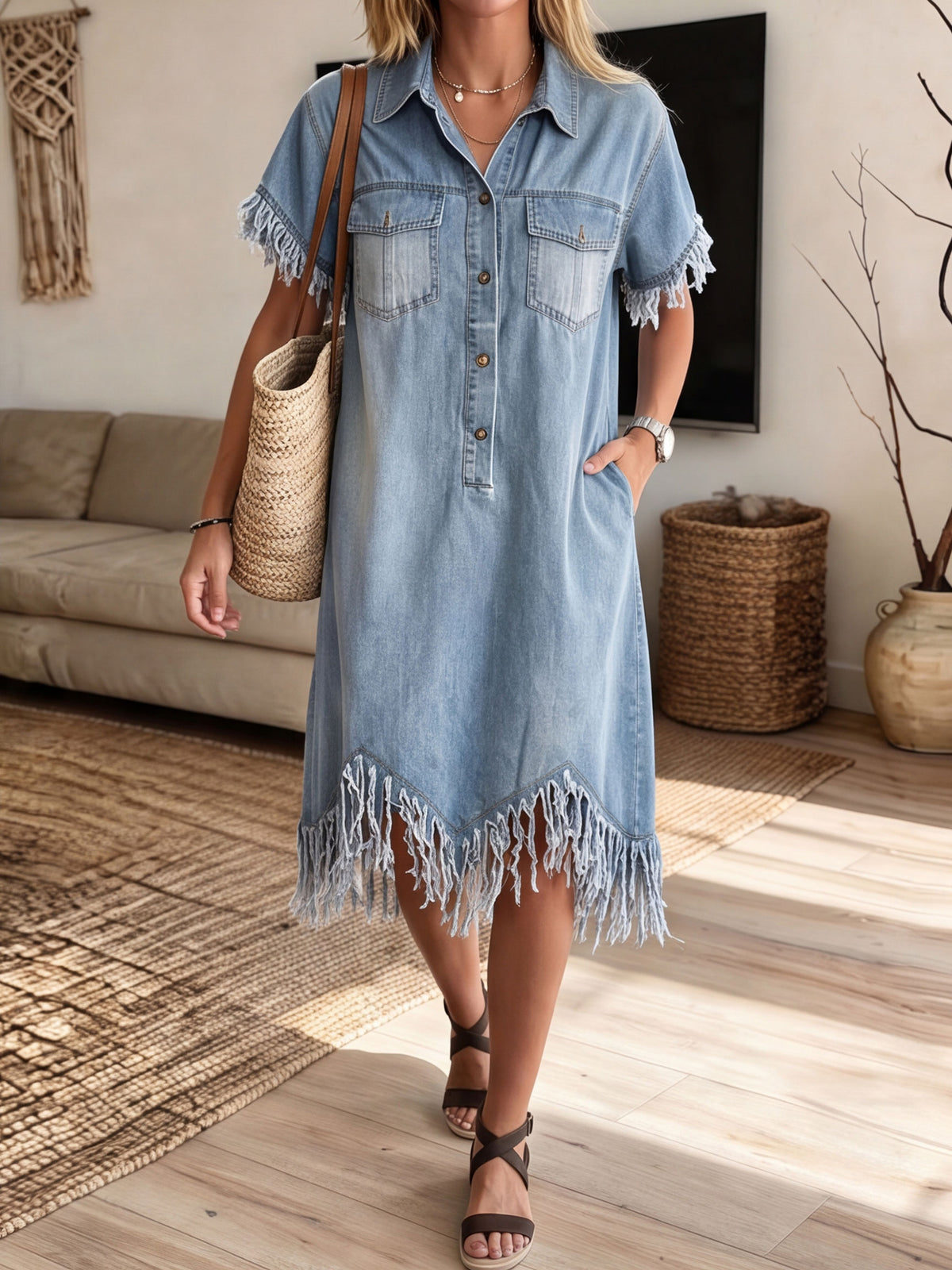 Women's Frayed Tassel Hem Short Sleeve Denim Shirt Dress With Pockets