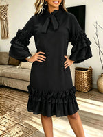 Women Bow Tie Neck Layered Ruffle Bell Sleeve Shift Midi Dress