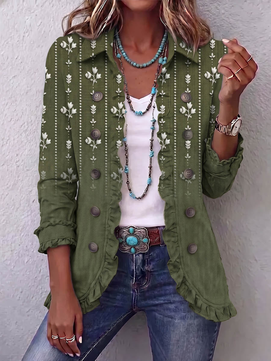 Vintage Elegant Pattern Patchwork Ruffled Jacket