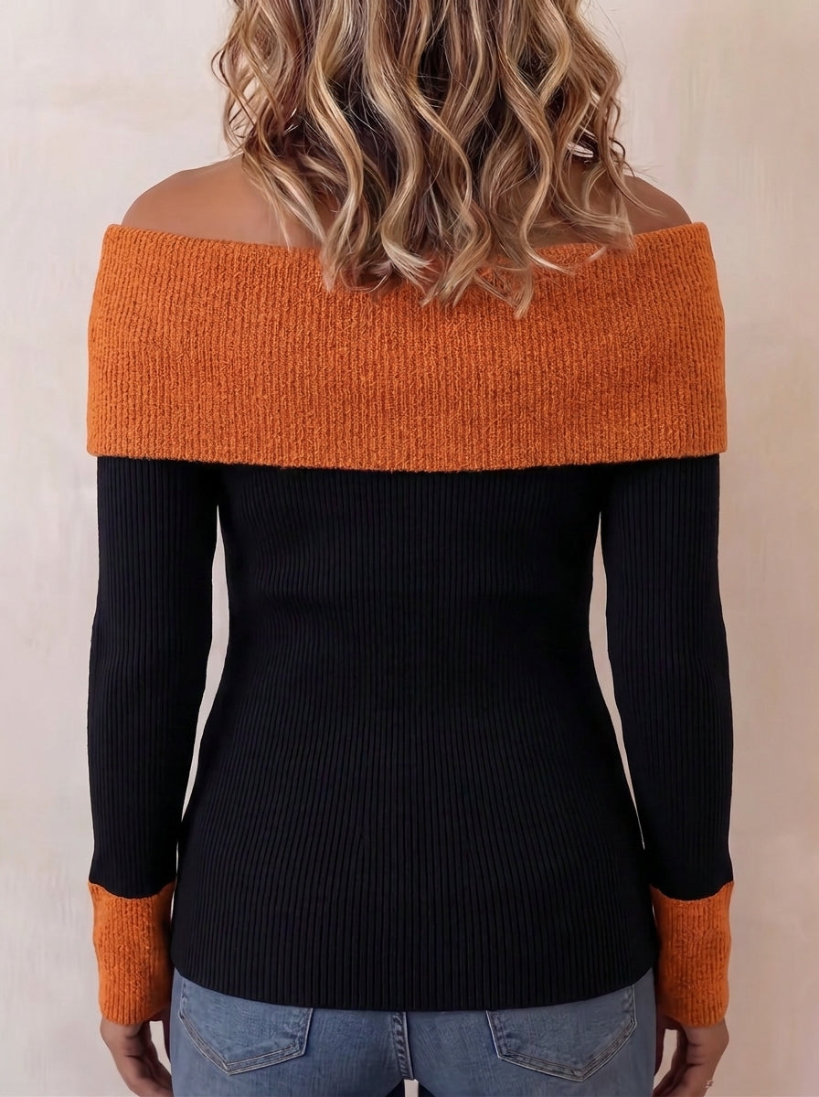Women Off‑Shoulder Bow Decor Color Block Ribbed Knit Sweater Long Sleeve Top