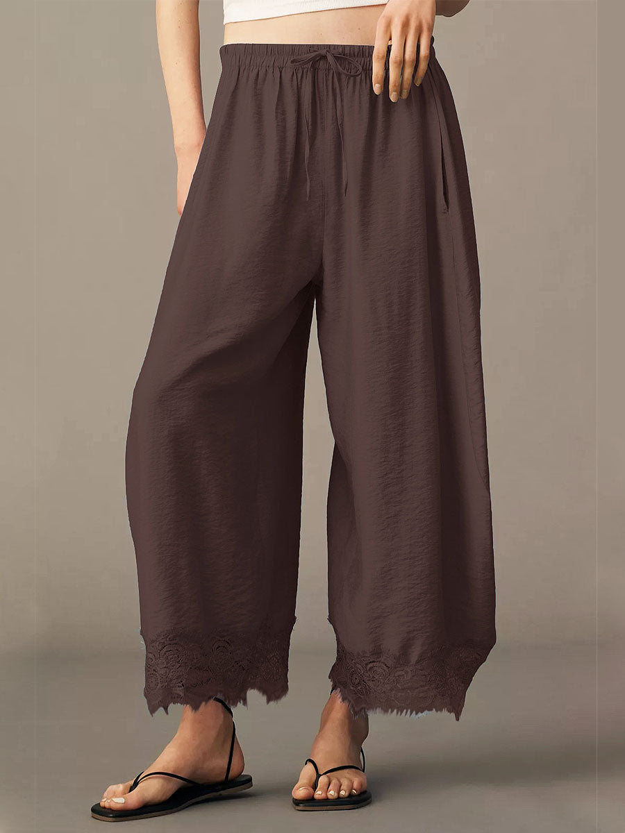 Women's Solid Color Lace Stylish Art Casaul Ice Silk Wide Leg Pants