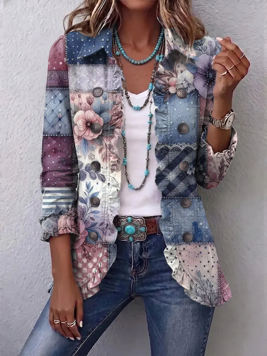 Retro Floral Pattern Art Print Ruffle Casual Stylish Cotton Lapel Coat