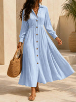 Retro Elegant Lapel Art Button Casual Long Sleeve Stylish Long Dress