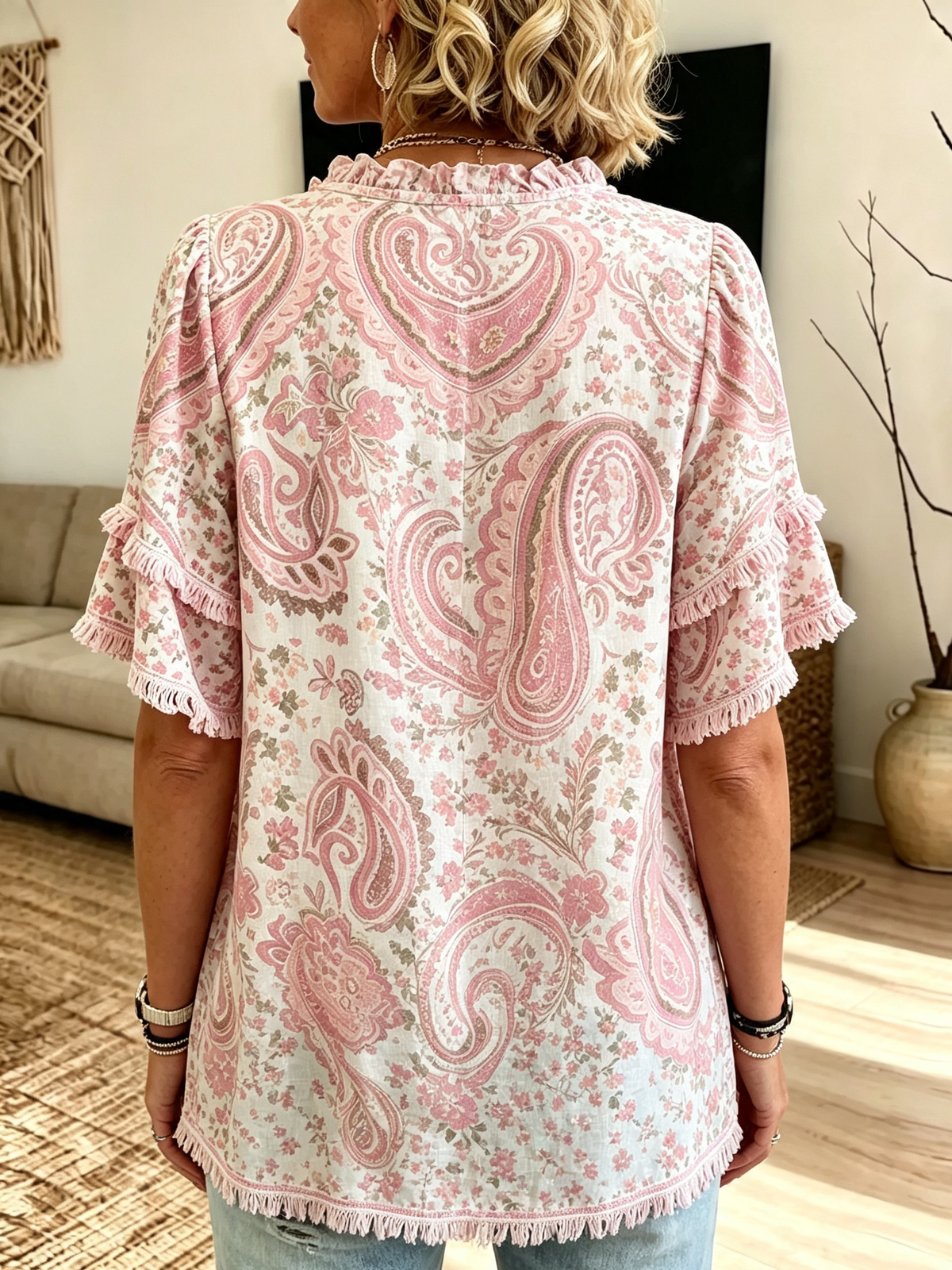 Women's Paisley Fringe Ruffle Short Sleeve Blouse