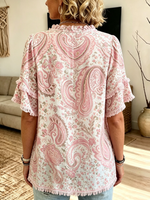 Women's Paisley Fringe Ruffle Short Sleeve Blouse