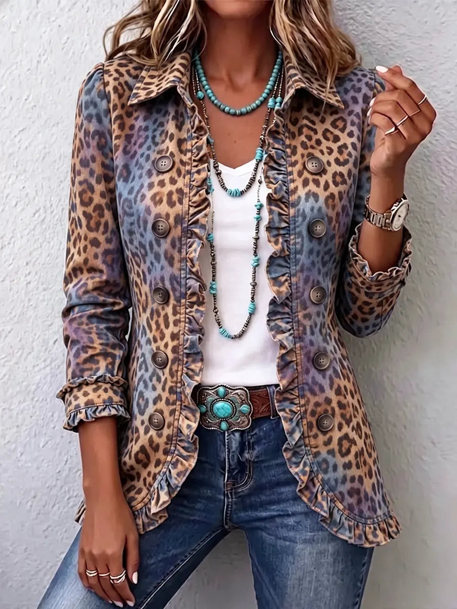 Retro Leopard Pattern Art Print Ruffle Casual Stylish Cotton Lapel Coat