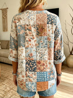 Women’s Soft Vintage Floral Patchwork Ruffle Collar Loose Button Down Blouse
