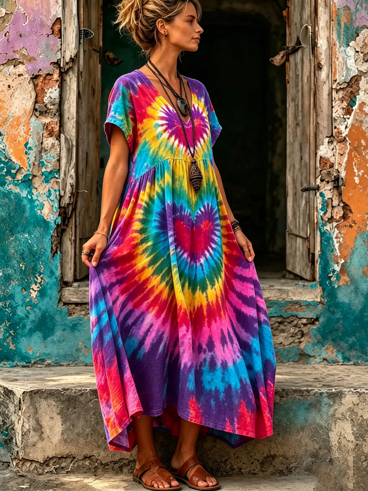Women Heart Tie-Dye Print Dress